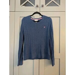 Lilly Pulitzer Womens Sweater Large Navy Cable Knit Crew Neck Pink Logo Preppy